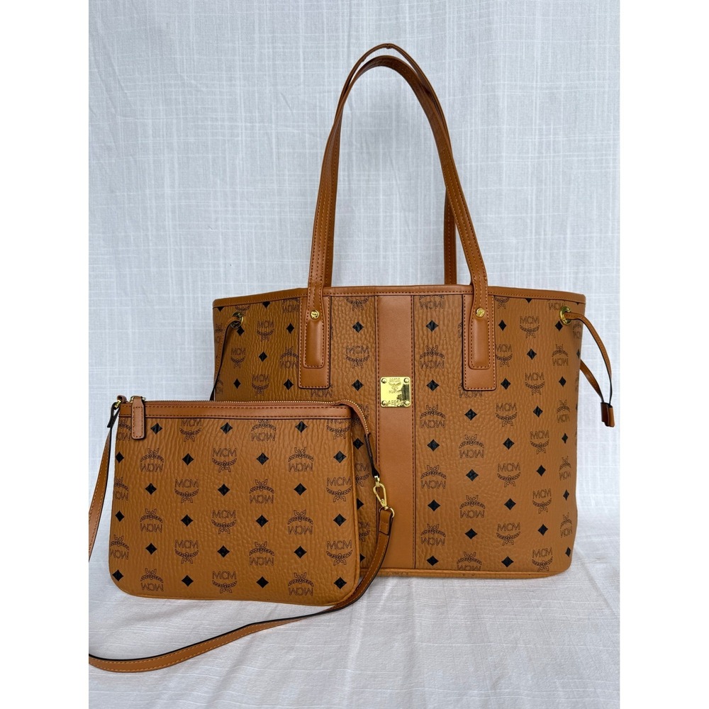 MCM Womens Medium Shopper Tote Liz Reversible Visetos Cognac Canvas Pouch